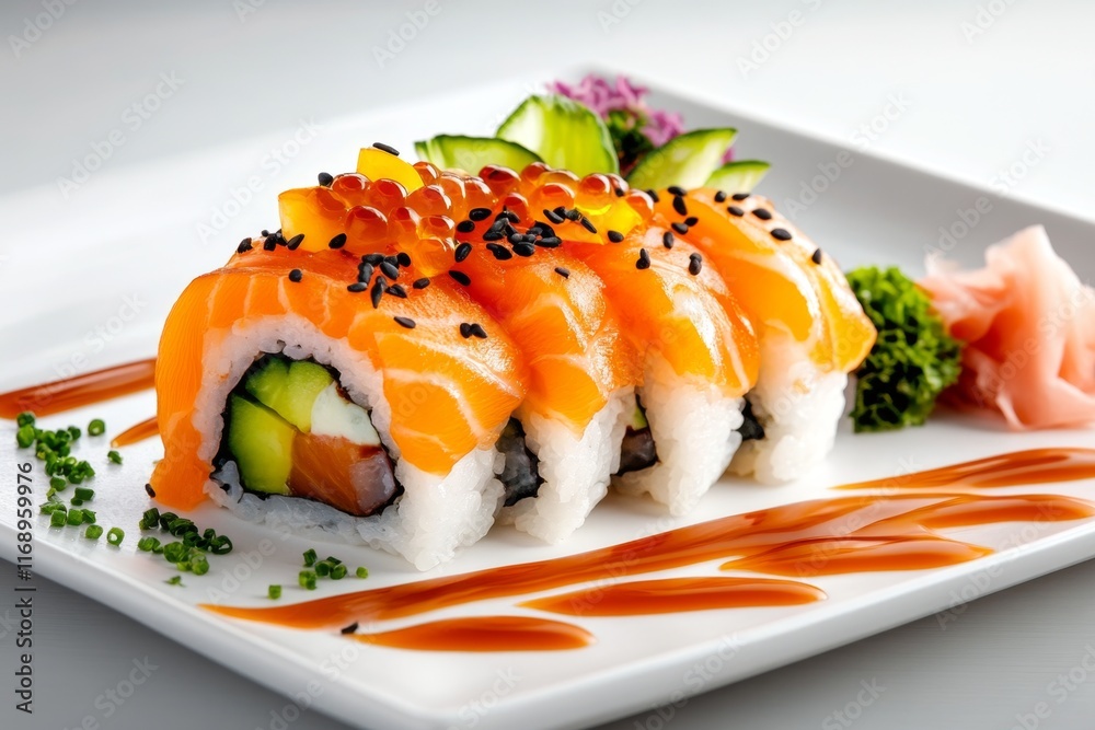 A close-up of a beautifully plated sushi dish, showcasing fresh sashimi, nigiri, and vibrant garnishes A close-up of a beautifully plated sushi dish, showcasing fresh sashimi, nigiri, and vibrant garnishes