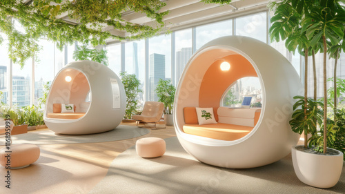 Modern corporate nap zone featuring stylish sleeping pods and greenery