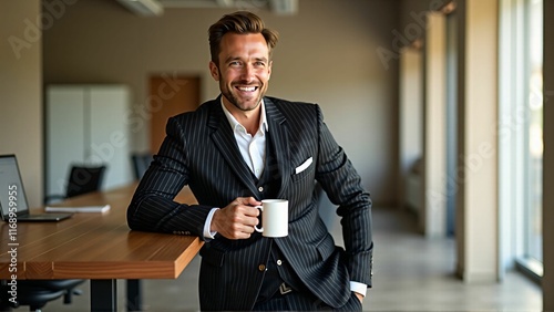 a businessman wearing a suit and drinking coffee 