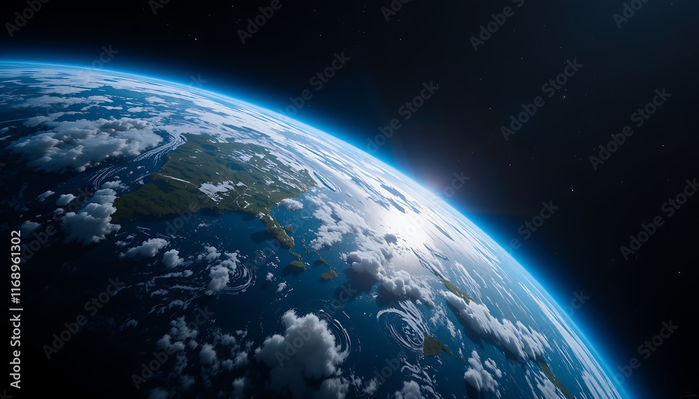 Fototapeta premium Wide-Angle Shot of Earth in Space with Swirling Clouds and Glowing Atmosphere for Wallpaper Background Generative AI