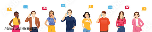 Smiling young people talking on mobile phones. Men and women characters set vector illustration isolated
