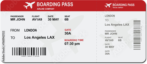 Boarding pass airplane ticket design for a flight with passenger name and destination. photo