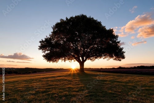 The captivating view of a large oak tree at sunset, casting a glowing silhouette, highlighting the beauty and stillness of nature in an expansive field. photo