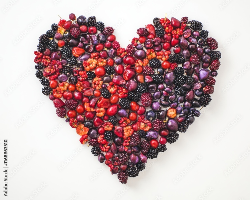 Heart-Shaped Arrangement of Various Red and Purple Berries on a White Background Celebrating Love and Freshness in a Colorful Display of Nature's Bounty Heart-Shaped Arrangement of Various Red and Purple Berries on a White Background Celebrating Love and Freshness in a Colorful Display of Nature's Bounty