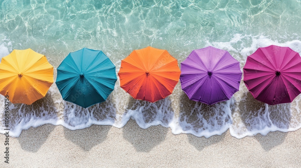 Naklejka premium Colorful beach umbrellas lining the shore