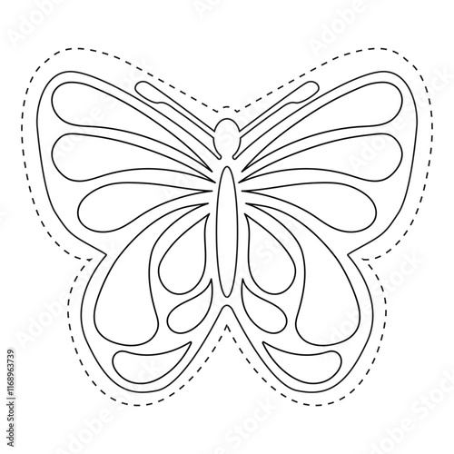 Line art illustration of a butterfly with bold outlines and decorative inner wing patterns. A simple and elegant design, ideal for coloring pages, crafts, or stencils
