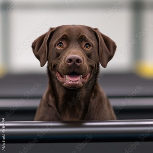 A cheerful brown dog with a friendly expression, sitting in a gym-like environment, looking directly at the observer with a happy demeanor. photo