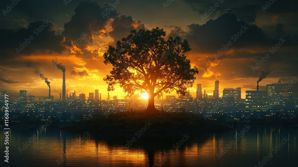 A solitary tree stands on an island at sunset, surrounded by a city skyline with smokestacks, highlighting nature's resilience amidst urbanization. A solitary tree stands on an island at sunset, surrounded by a city skyline with smokestacks, highlighting nature's resilience amidst urbanization.