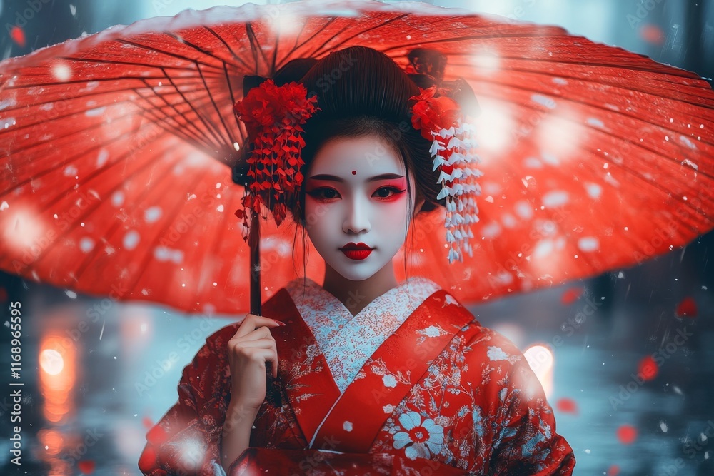 Obraz premium A geisha walking through the streets of Kyoto, holding a parasol and dressed in a beautifully patterned kimono