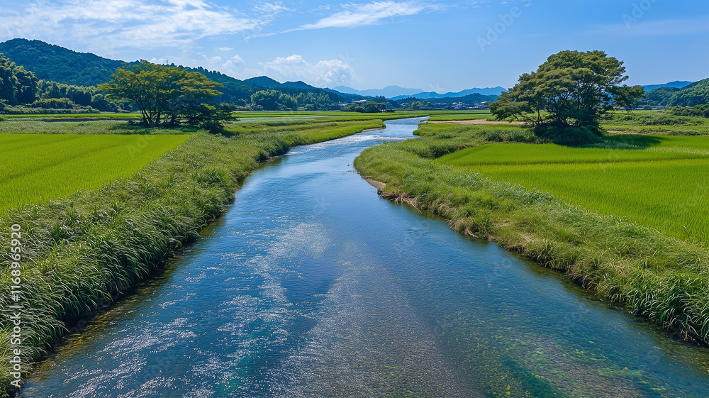 Obraz premium 初夏の清流と田畑が織りなす日本田舎の静けさ、ドローンで捉える絶景