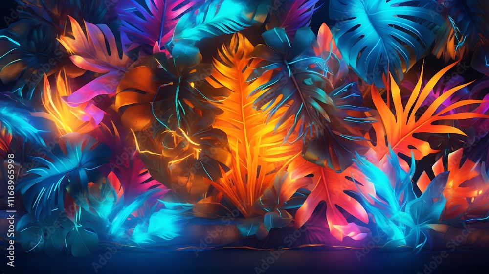 Vivid Tropical Leaves Illuminated With Neon Colors Vivid Tropical Leaves Illuminated With Neon Colors
