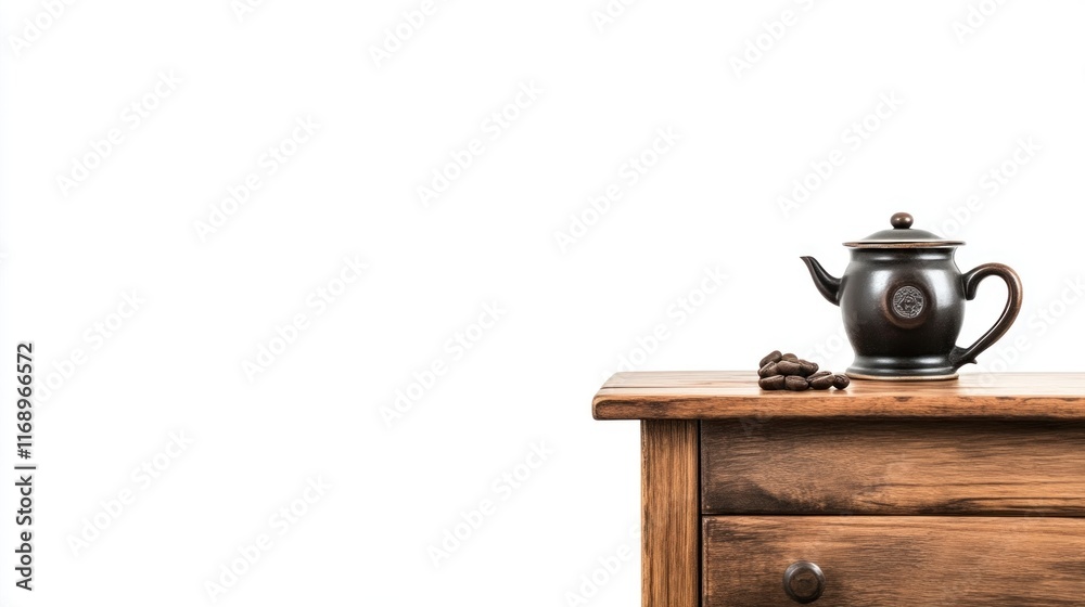Elegant tea pot on rustic wooden table cozy kitchen setting still life photography minimalist design close-up perspective Elegant tea pot on rustic wooden table cozy kitchen setting still life photography minimalist design close-up perspective