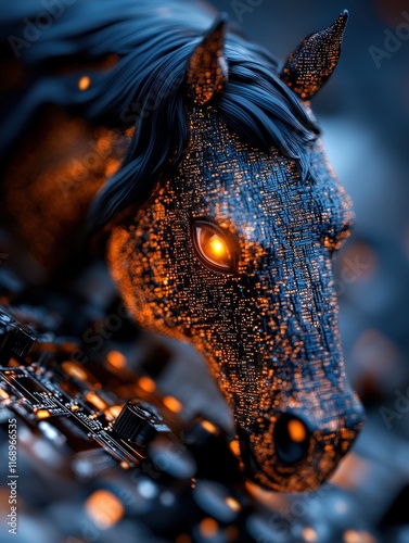 A striking stylized horse head fashioned from digital circuits embodies the fusion of technology and nature, radiating energy and creativity in a harmonious artistic representation of innovation. photo