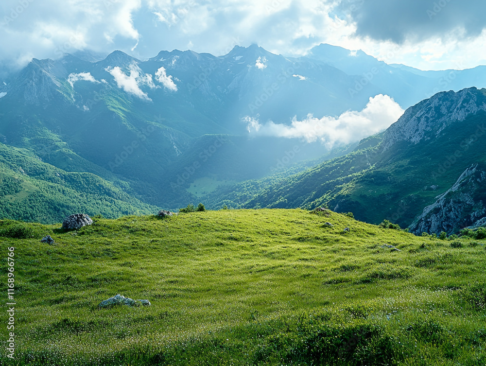 Fototapeta premium Green plateau with sweeping views of rugged mountain ranges and soft clouds