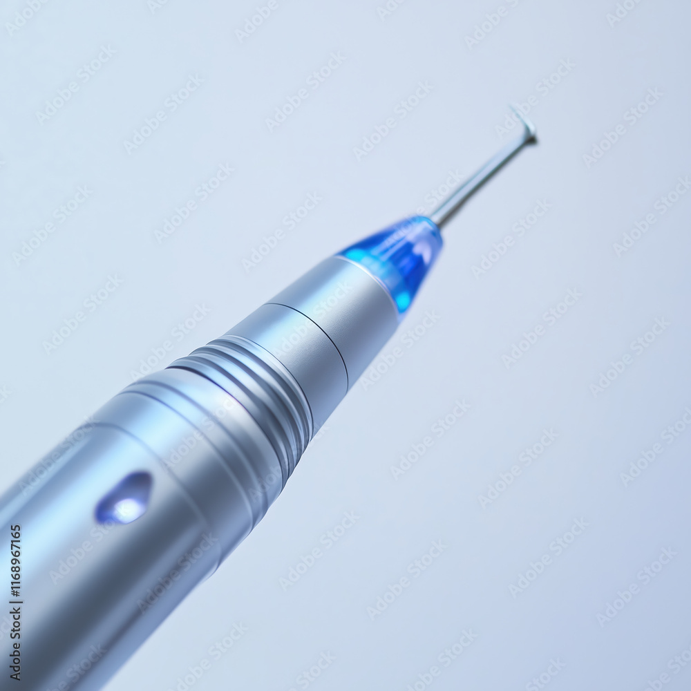 Close-up of the tip of an ultrasonic scaler on a solid light background