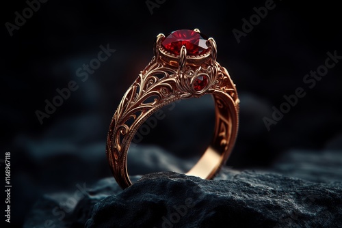 A haunting image of a ruby ring with intricate filigree details, placed on an aged stone surface with dramatic shadows photo