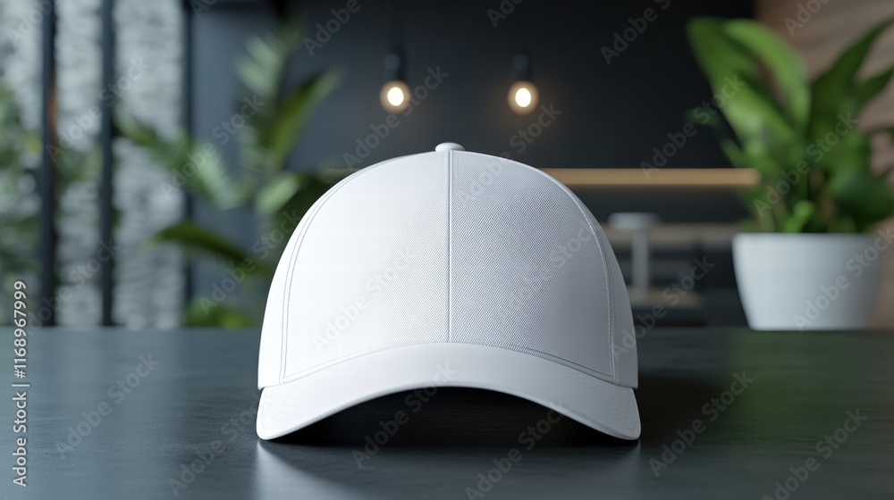 Blank White Baseball Cap Mockup on Dark Table Blank White Baseball Cap Mockup on Dark Table