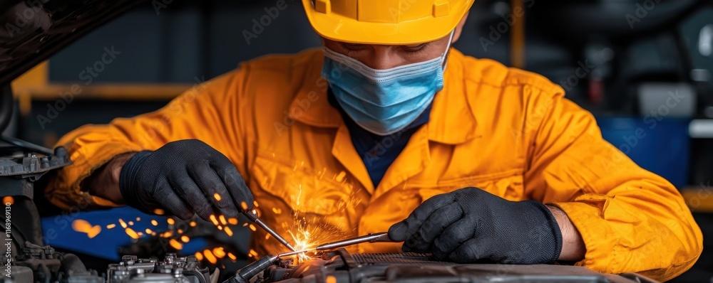 Fototapeta premium vehicle requirements concept. Worker welding in orange uniform and mask with sparks flying in a workshop.
