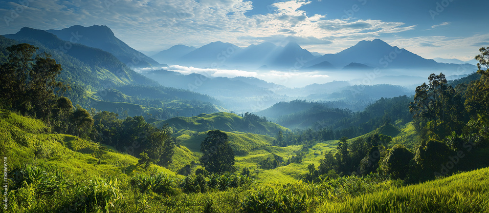 Fototapeta premium Panoramic view of lush highland meadows, misty peaks in the distance