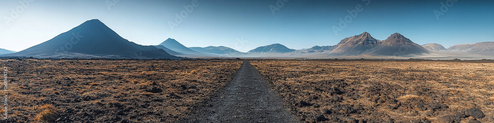 Path through a desolate volcanic plain, with distant peaks in view Path through a desolate volcanic plain, with distant peaks in view