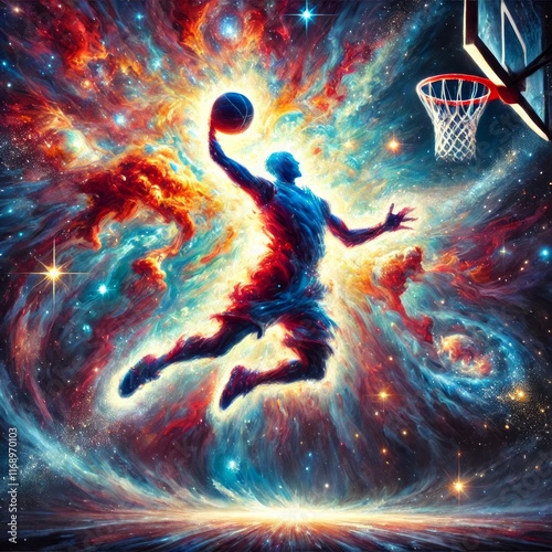 expressive oil painting of a basketball player dunking, depicted as an explosion of a nebula