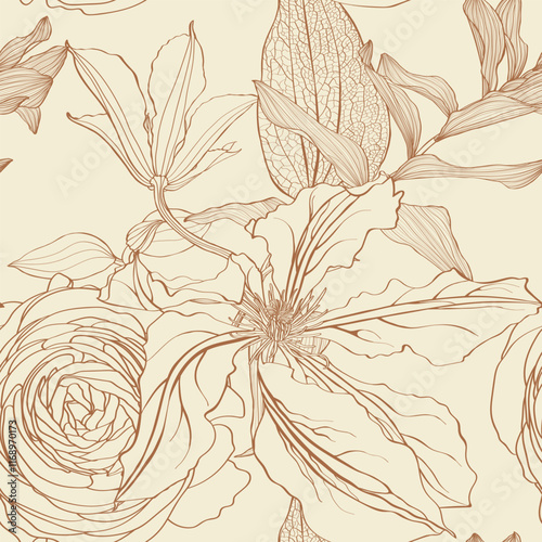 Tropical flowers, clematis seamless pattern. Line drawing.
