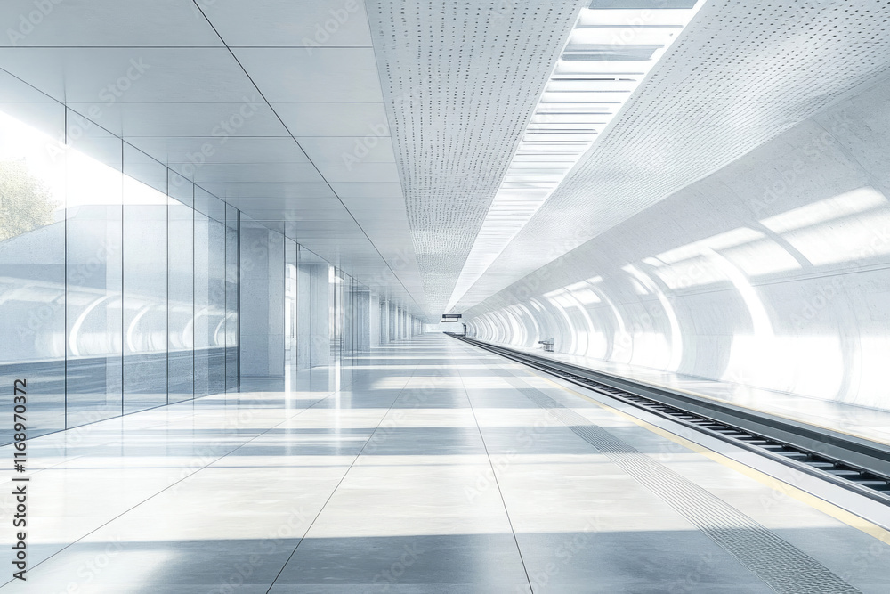 Modern, bright subway station platform with glass walls and sleek design. Modern, bright subway station platform with glass walls and sleek design.