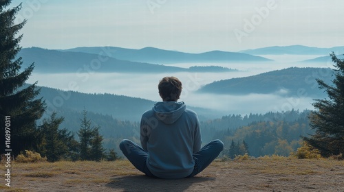 Contemplative Man Meditating in Misty Mountains