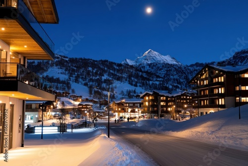A captivating winter scene of a mountain village illuminated under the moonlight, highlighting snow-covered homes and the serene beauty of the surrounding landscape.