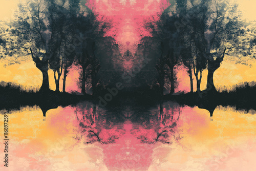 Abstract, symmetrical digital painting of trees and sky, with colorful washes in an inkblot-style, symmetrical composition.  photo