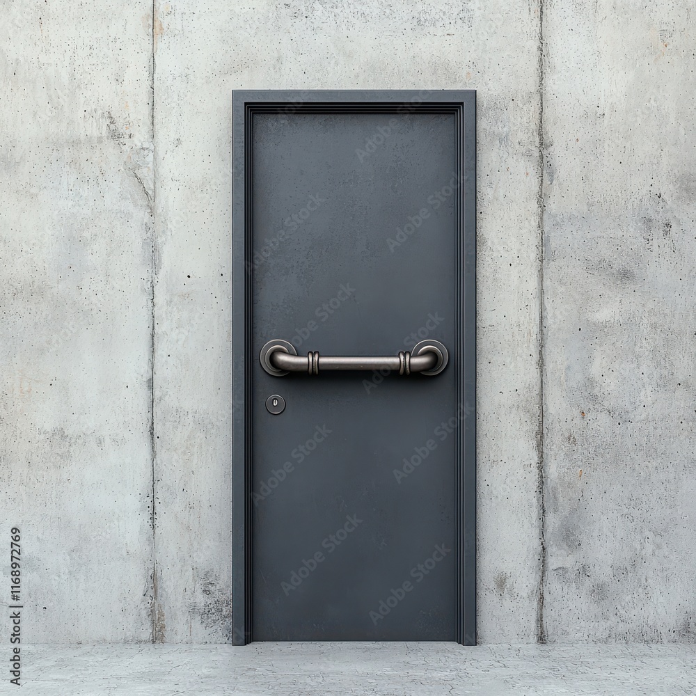 Modern industrial door with sleek design against a concrete wall. Modern industrial door with sleek design against a concrete wall.