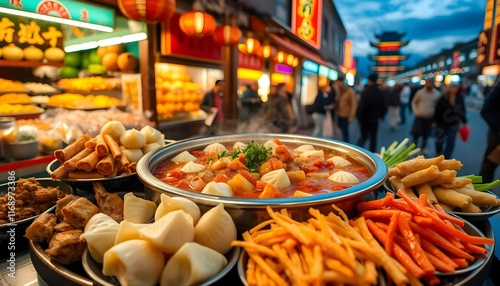 Delicious street food display in a bustling Asian market at twilight