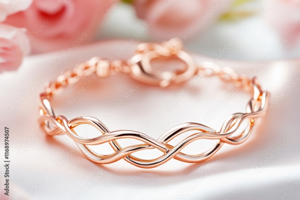 A rose gold bracelet with an intricate infinity design, placed on a soft pink satin background A rose gold bracelet with an intricate infinity design, placed on a soft pink satin background