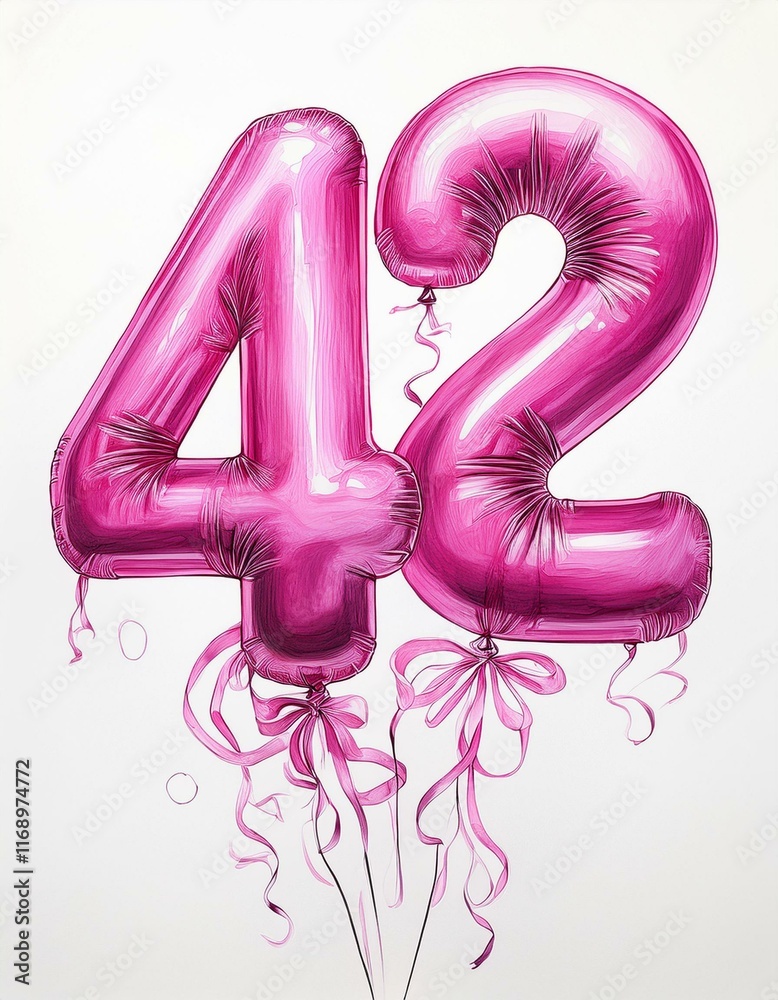 Pink birthday / anniversary balloon, number 42, watercolor painting with white background Pink birthday / anniversary balloon, number 42, watercolor painting with white background
