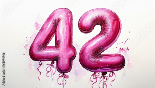 Pink birthday / anniversary balloon, number 42, watercolor painting with white background