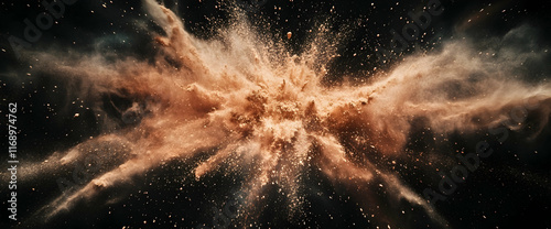 Explosion of light brown powder on a black background, captured at a wide angle.