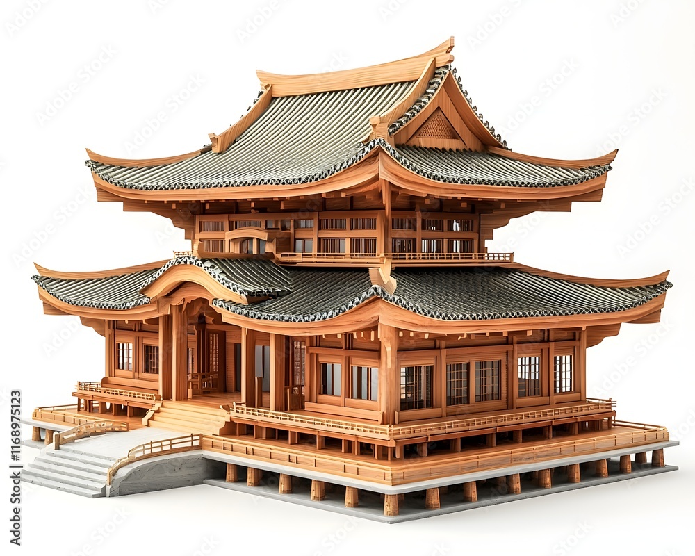 Fototapeta premium Elegant and Graceful Traditional Japanese Pagoda with Curved Roofs and Intricate Wooden Architecture