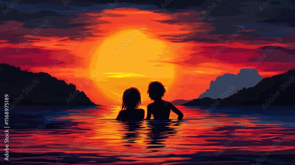 Silhouetted couple enjoys a vibrant sunset over calm water, mountains in the background. Perfect for romance, travel, or summer themes; evokes peace and tranquility. Silhouetted couple enjoys a vibrant sunset over calm water, mountains in the background. Perfect for romance, travel, or summer themes; evokes peace and tranquility.