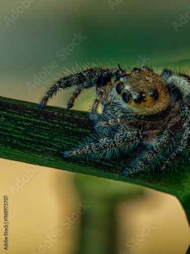 extreme close up of a heavy-bodied jumping spider (Hyllus semicupreus) photo