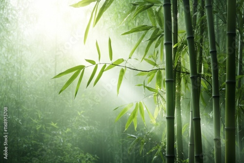 A serene bamboo forest with sunlight streaming through the tall green stalks, creating a calming atmosphere