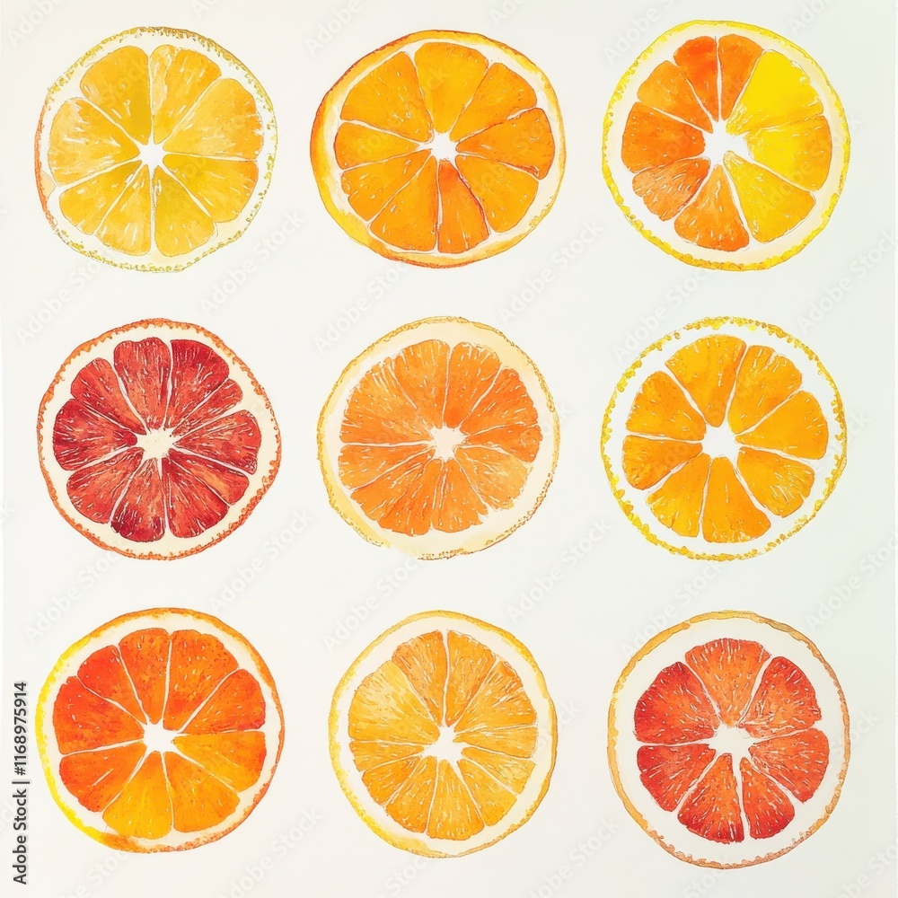 Vibrant Collection of Sliced Citrus Fruits Displayed in a Grid Pattern Featuring Lemons, Oranges, and Blood Oranges on a Clean Background Vibrant Collection of Sliced Citrus Fruits Displayed in a Grid Pattern Featuring Lemons, Oranges, and Blood Oranges on a Clean Background