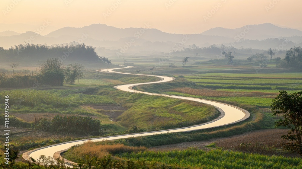Fototapeta premium Serpentine canal winds through lush green valley at sunrise, misty mountains in background.