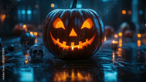 Wallpaper Mural Glowing jack-o'-lantern with skull and candles. Torontodigital.ca