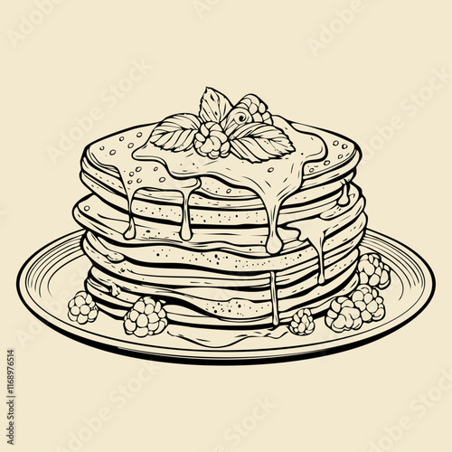 Hand drawn sketch pancakes with a syrup on top, black and white