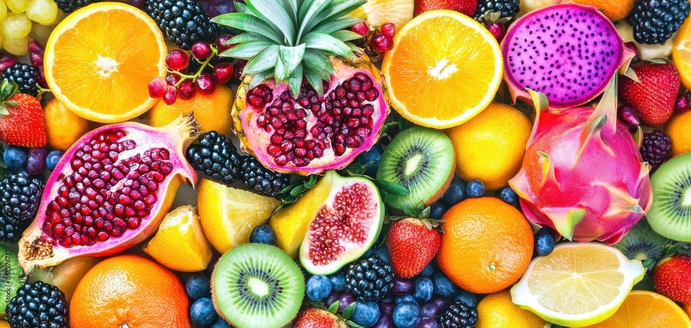 Vibrant Display of Fresh Fruits Featuring Dragon Fruit, Pomegranate, Kiwi, Citrus, and Berries on Colorful Background for Healthy Lifestyle Promotion Vibrant Display of Fresh Fruits Featuring Dragon Fruit, Pomegranate, Kiwi, Citrus, and Berries on Colorful Background for Healthy Lifestyle Promotion