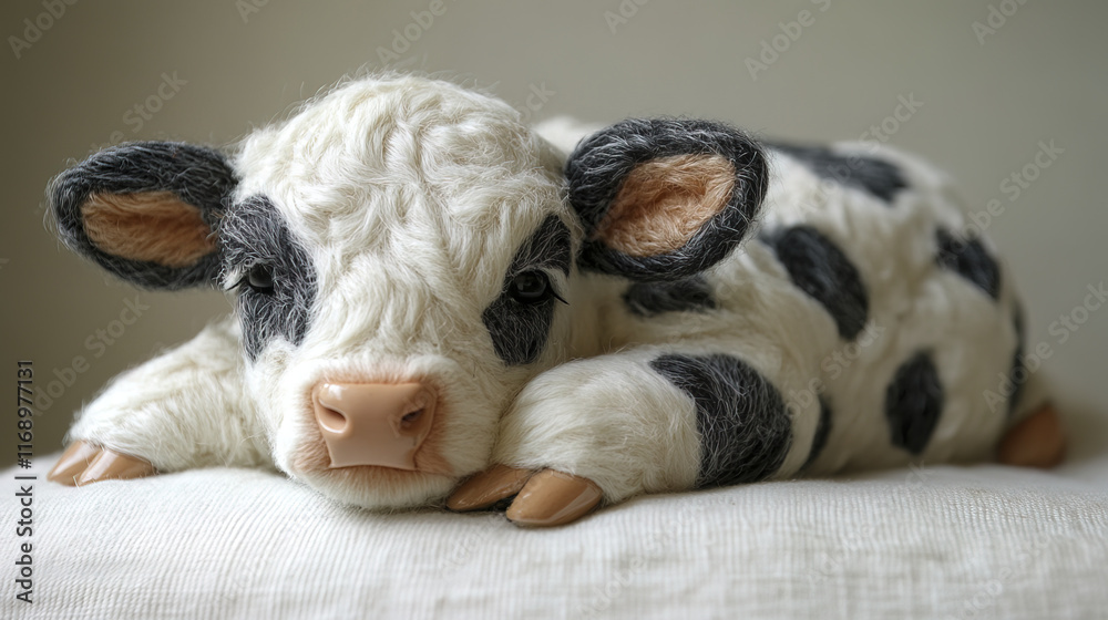 cute white cow with black spots resting peacefully on soft surface cute white cow with black spots resting peacefully on soft surface