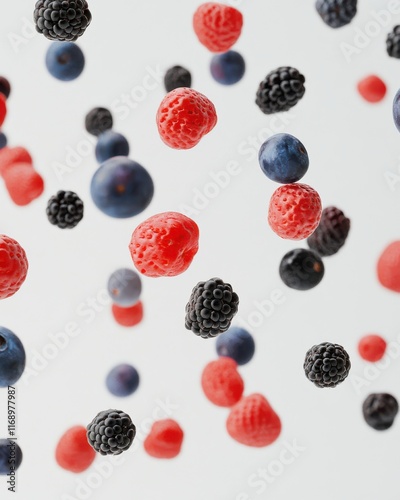 Wallpaper Mural Vibrant Floating Berries Including Raspberries, Blackberries, and Blueberries Against a Minimalist White Background for Culinary and Health Themes Torontodigital.ca