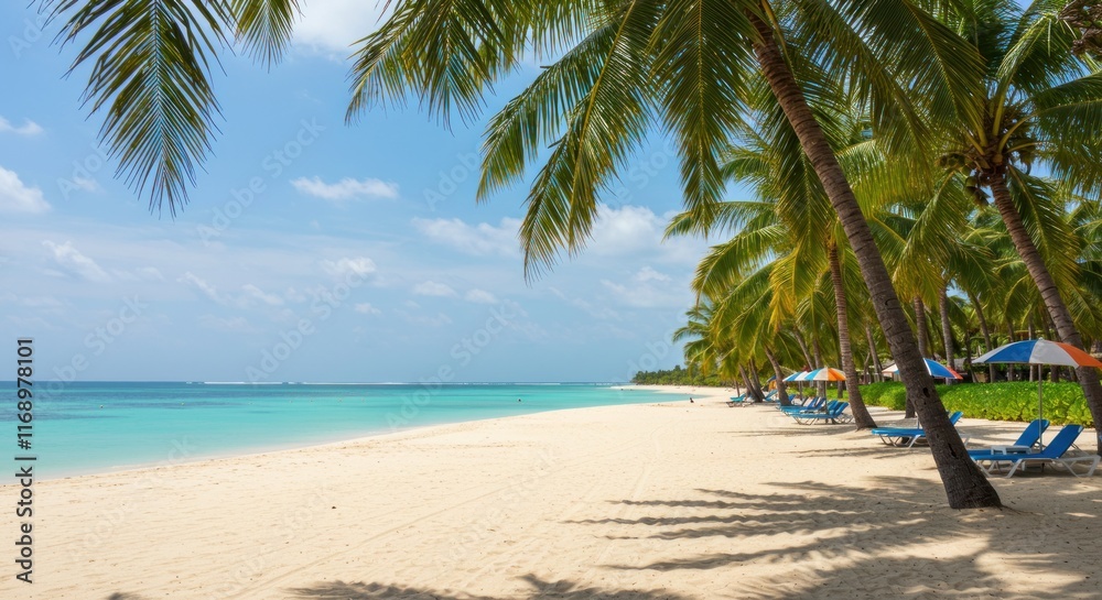 Obraz premium Idyllic Tropical Beach Scene With Palm Trees And Loungers