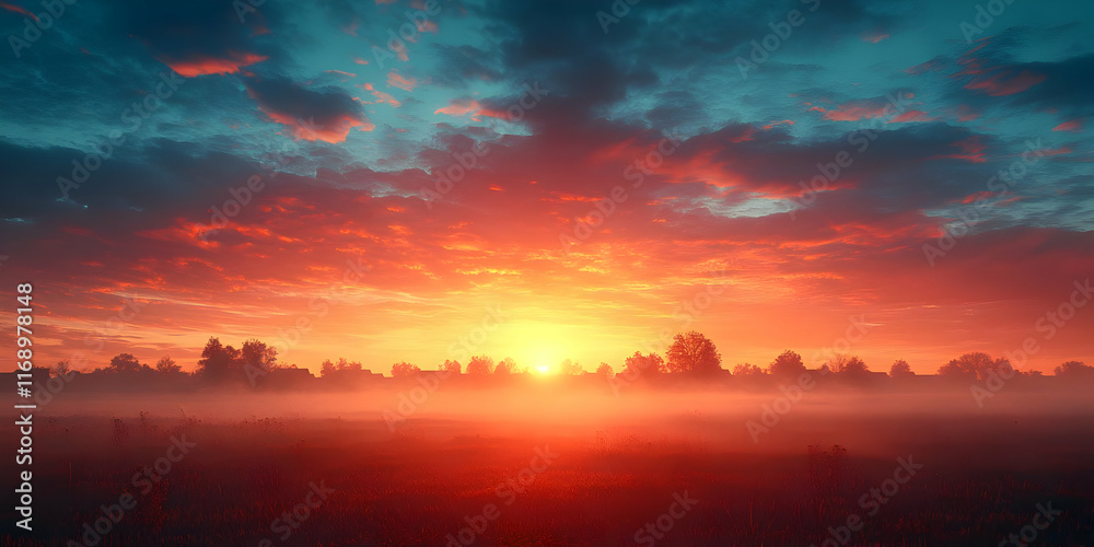 Fototapeta premium Vibrant sunrise over misty field with trees.