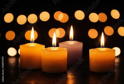 A dark background with glowing candles in the foreground, creating a bokeh effect.